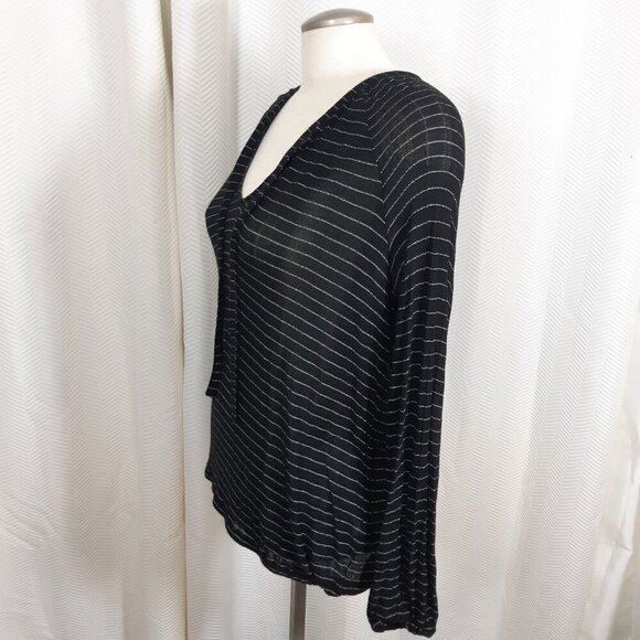 Lucky Brand Top Womens Large Tie Neck Keyhole Semi Sheer Boho Black White Stripe - Picture 3 of 6